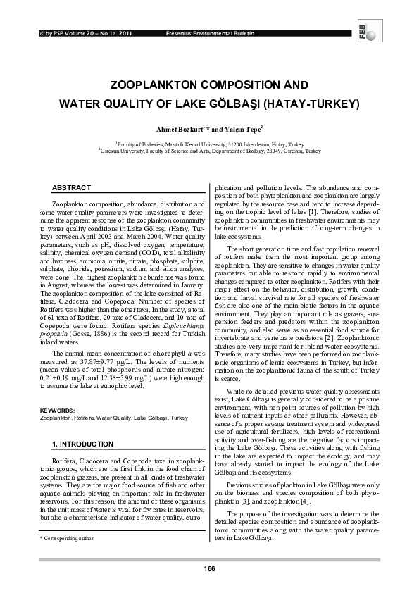 (PDF) Zooplankton Composition and Water Quality of Lake Gölbaşi (Hatay ...