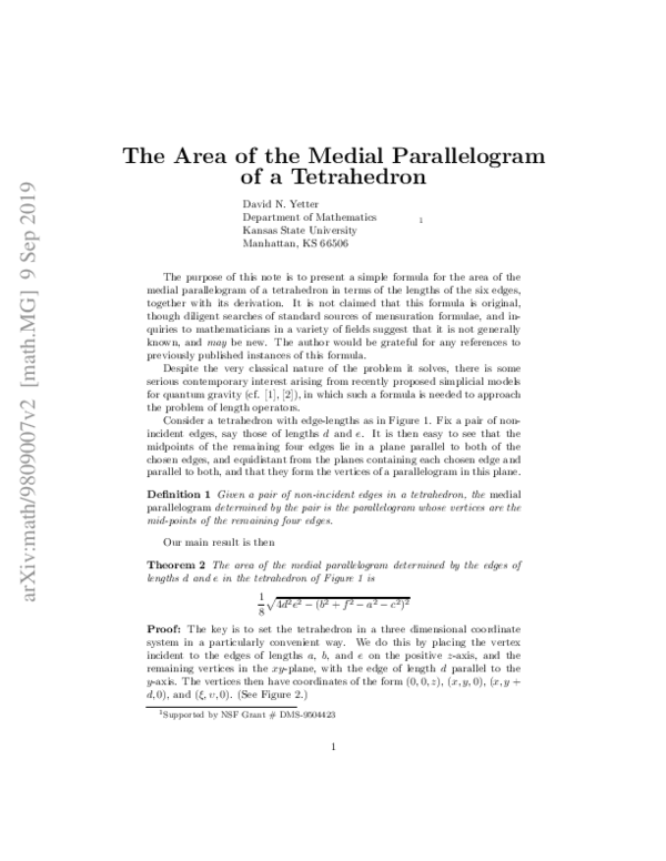 (PDF) The Area of the Medial Parallelogram of a Tetrahedron