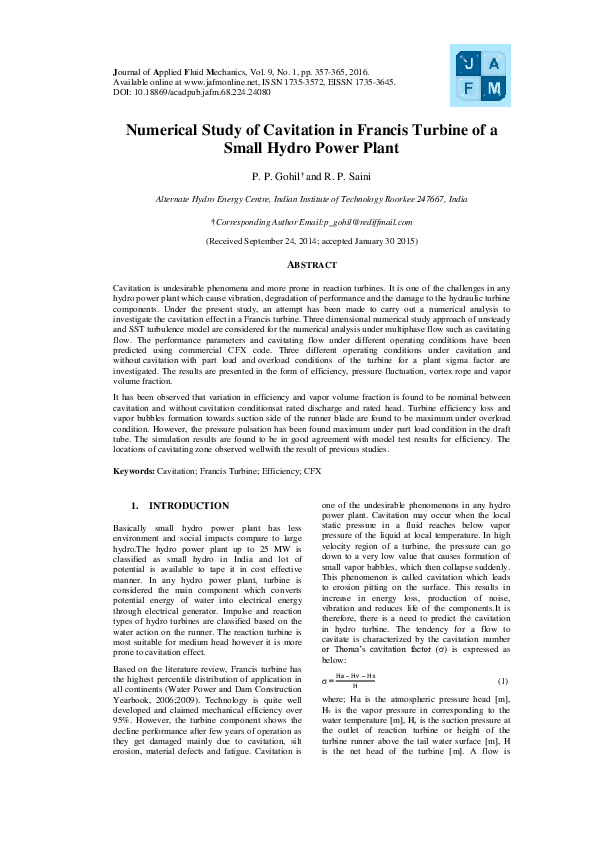 (PDF) Numerical Study of Cavitation in Francis Turbine of a Small Hydro ...