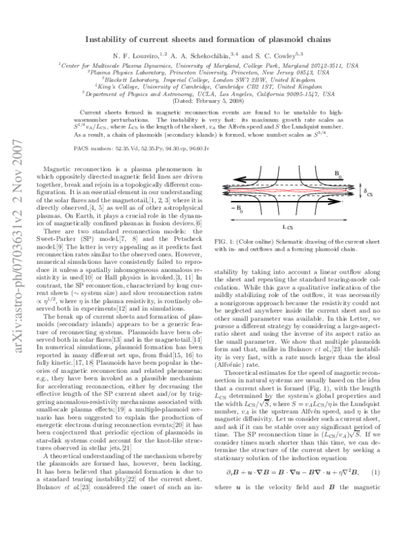 (PDF) Instability of current sheets and formation of plasmoid chains