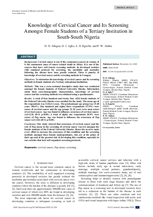 (PDF) DR Knowledge of Cervical Cancer and Its Screening Amongst Female ...