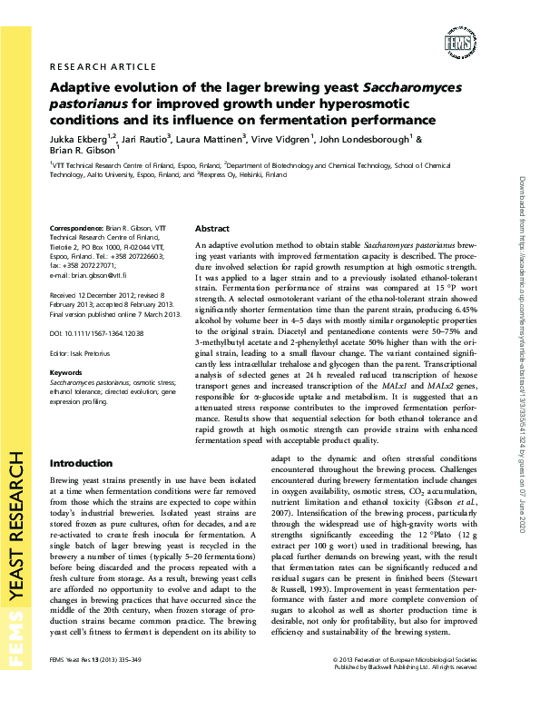 (PDF) Adaptive evolution of the lager brewing yeast Saccharomyces