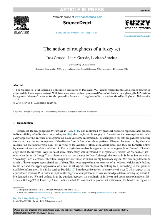 (PDF) The notion of roughness of a fuzzy set