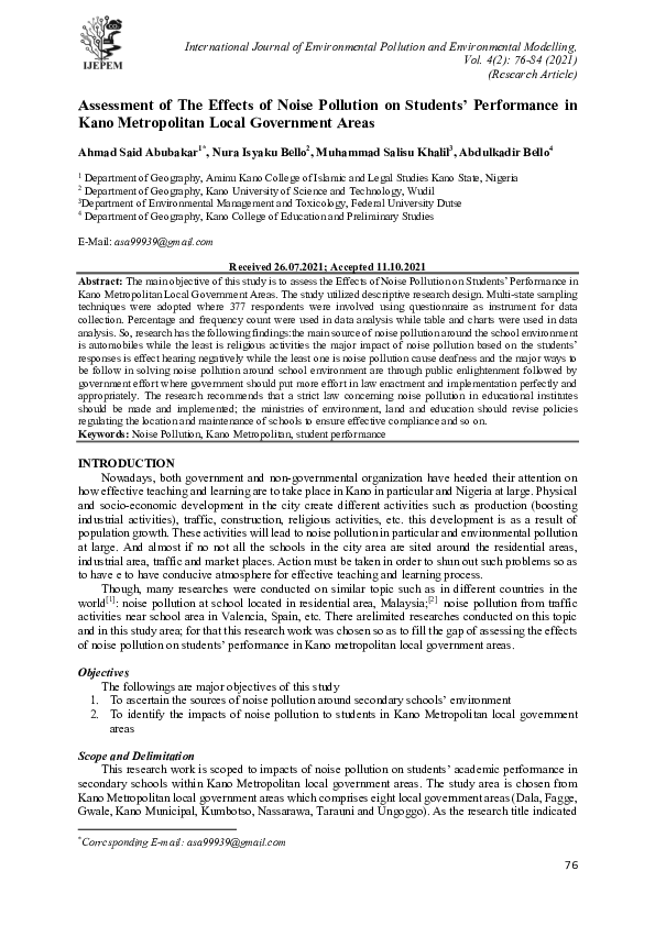 (PDF) Assessment of The Effects of Noise Pollution on Students ...