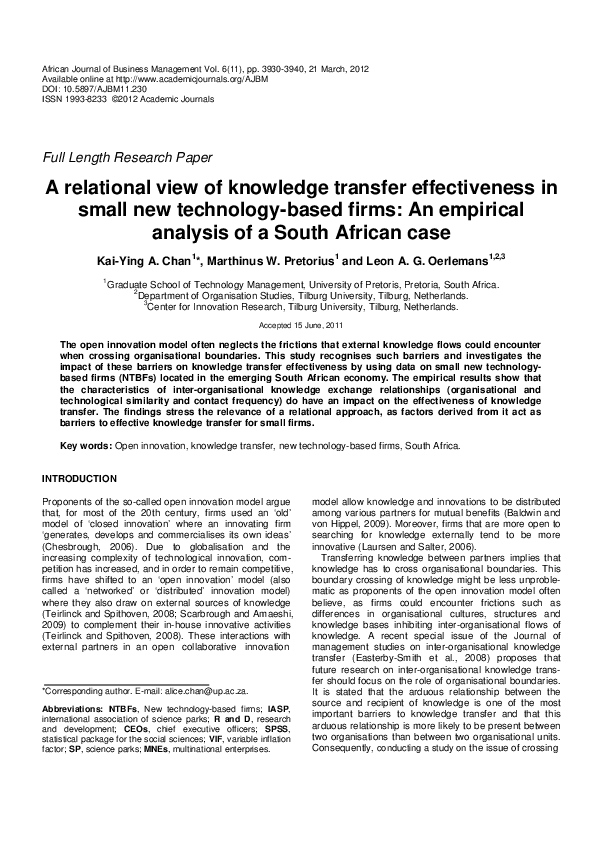 (PDF) A relational view of knowledge transfer effectiveness in small ...