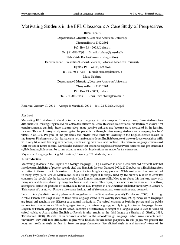 (PDF) Motivating Students in the EFL Classroom: A Case Study of