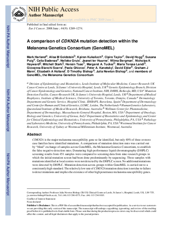 (PDF) A comparison of CDKN2A mutation detection within the Melanoma ...