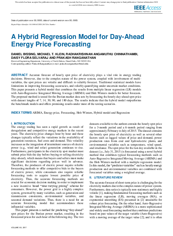 (PDF) A Hybrid Regression Model for Day-Ahead Energy Price Forecasting