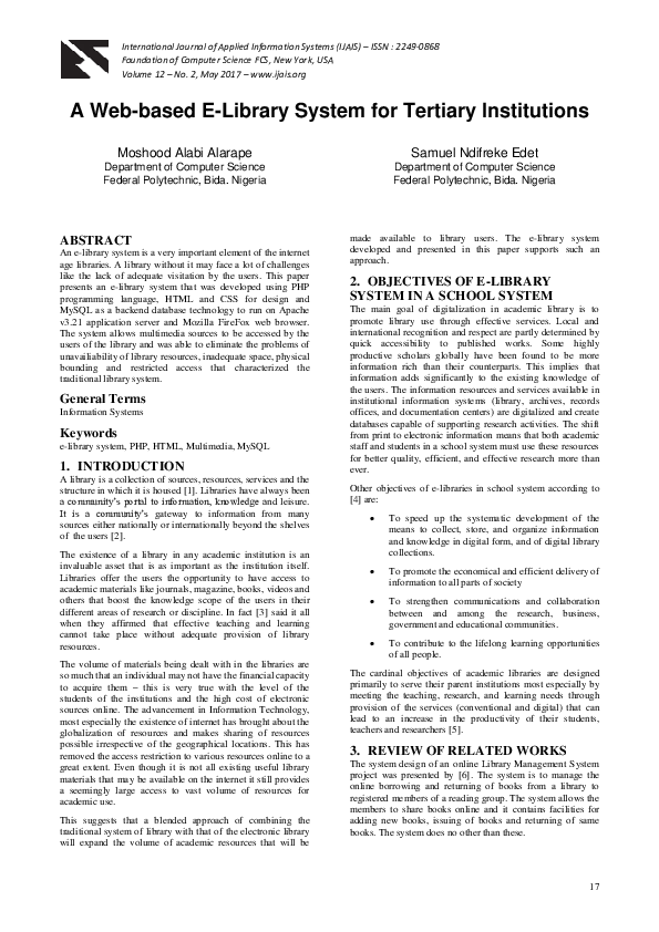 (PDF) A Web-based E-Library System for Tertiary Institutions