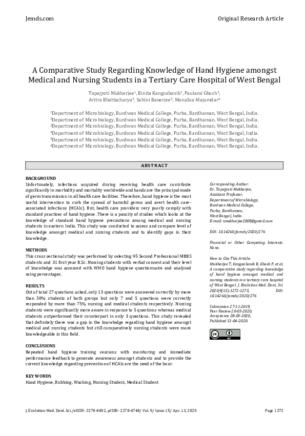 (PDF) A Comparative Study Regarding Knowledge of Hand Hygiene amongst ...