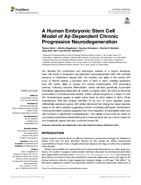 (PDF) A Human Embryonic Stem Cell Model of Aβ-Dependent Chronic ...