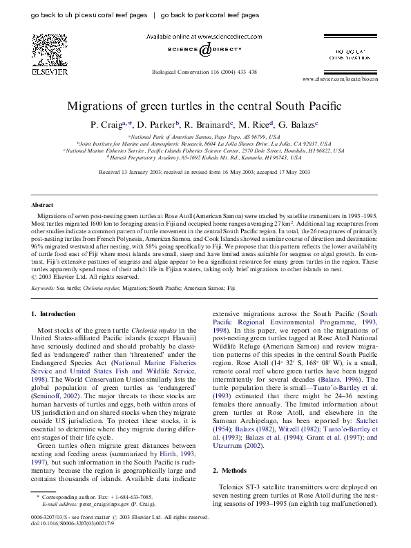 (PDF) Migrations of green turtles in the central South Pacific