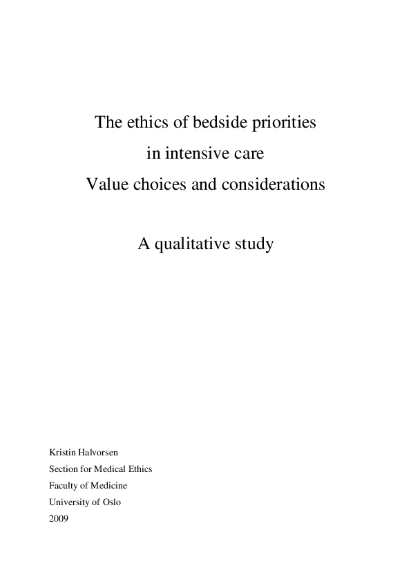 (PDF) The ethics of bedside priorities in intensive care – Value ...