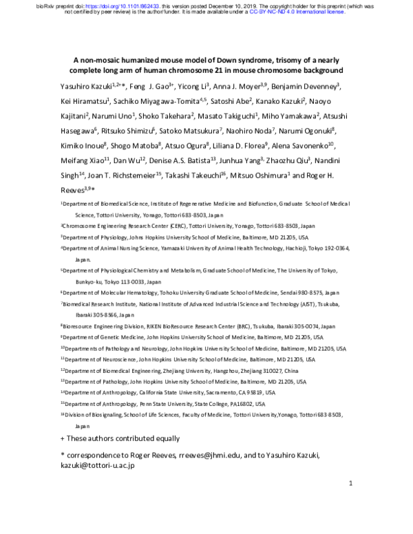 (PDF) Ts66Yah, a mouse model of Down syndrome with improved construct