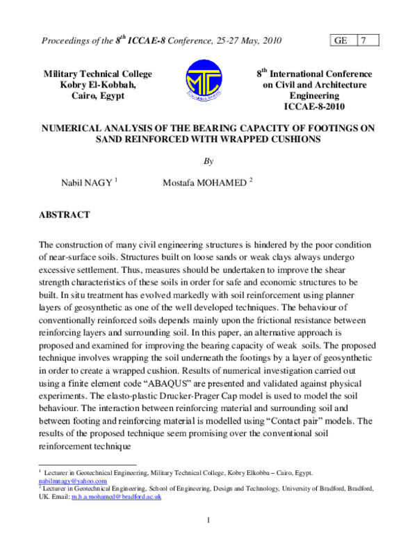 (PDF) Numerical Analysis of the Bearing Capacity of Footings on Sand ...