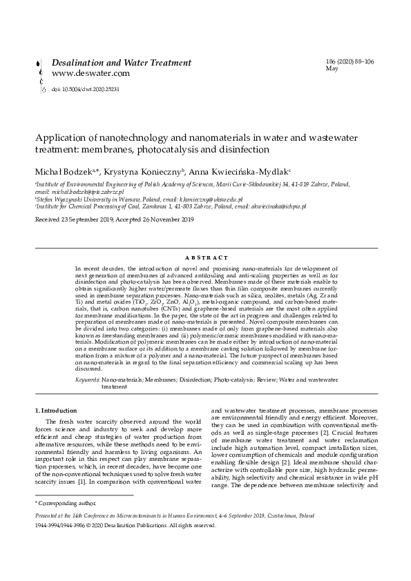(PDF) Application of nanotechnology and nanomaterials in water and ...