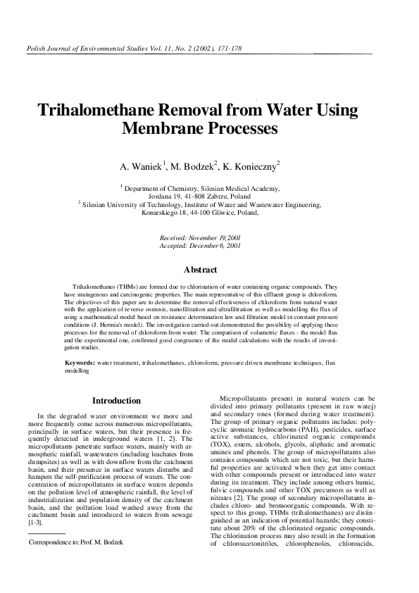 (PDF) Trihalomethane Removal from Water Using Membrane Processes