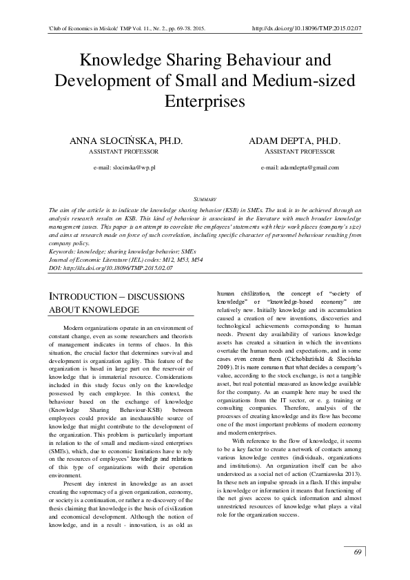 (PDF) Knowledge Sharing Behaviour and Development of Small and Medium ...