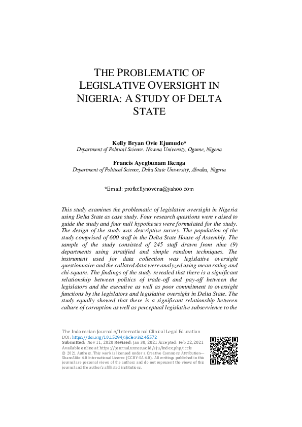 (PDF) The Problematic of Legislative Oversight in Nigeria: A Study of ...