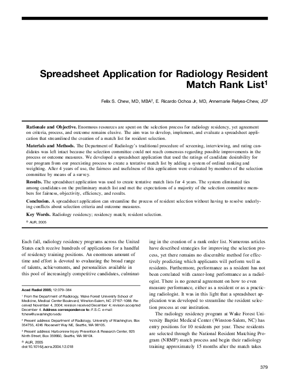 (PDF) Spreadsheet application for radiology resident match rank list1