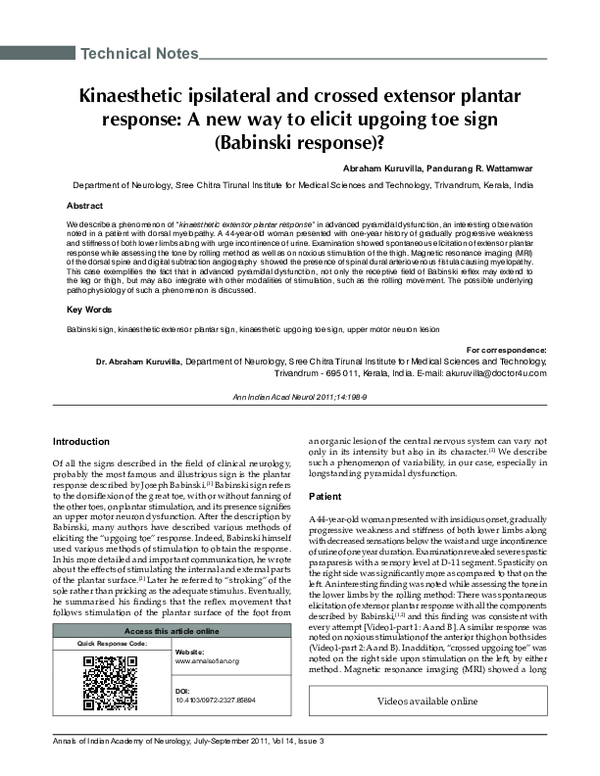 (PDF) Kinaesthetic ipsilateral and crossed extensor plantar response: A ...