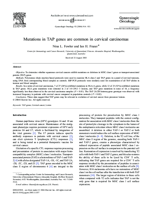 (PDF) Mutations in TAP genes are common in cervical carcinomas