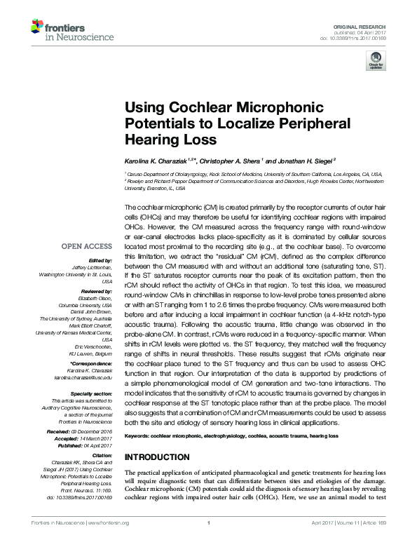 (PDF) Using Cochlear Microphonic Potentials to Localize Peripheral ...