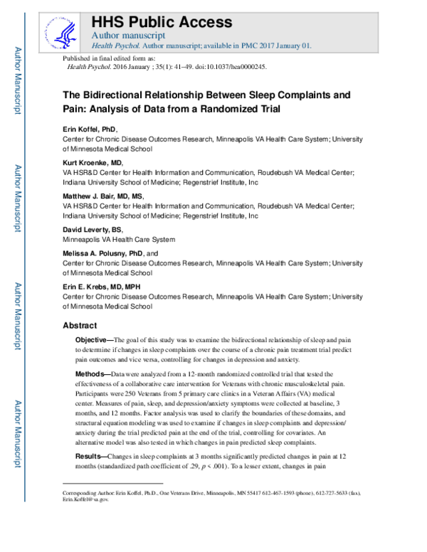 (PDF) The Bidirectional Relationship Between Sleep Complaints and Pain ...
