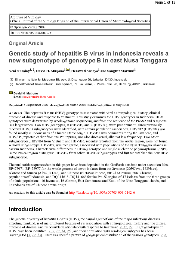 (PDF) Genetic study of hepatitis B virus in Indonesia reveals a new ...