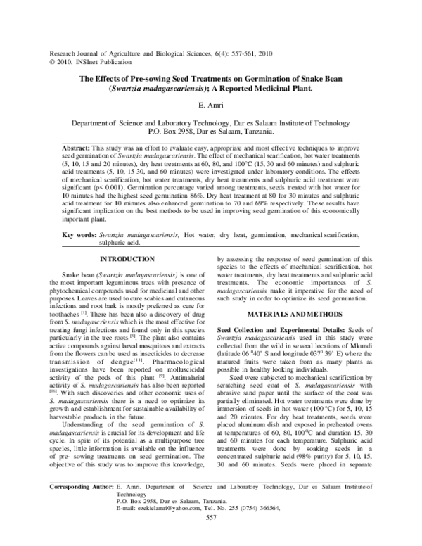 (PDF) The Effects of Pre-sowing Seed Treatments on Germination of Snake ...
