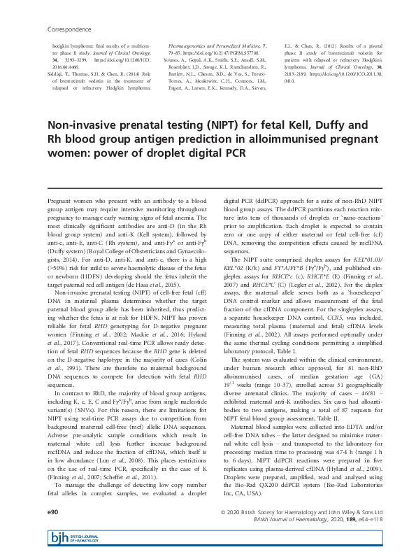 (PDF) Non‐invasive prenatal testing (NIPT) for fetal Kell, Duffy and Rh blood group antigen
