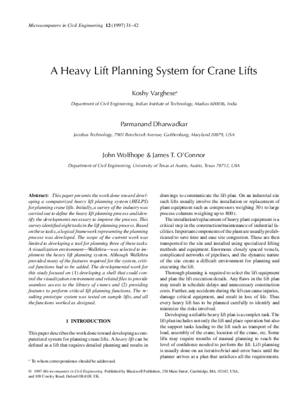 (PDF) A Heavy Lift Planning System for Crane Lifts