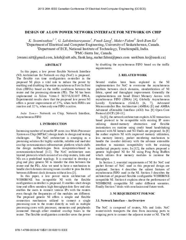 (PDF) Design of a low power network interface for Network on chip