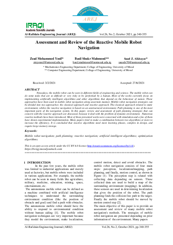 (PDF) Assessment and Review of the Reactive Mobile Robot Navigation