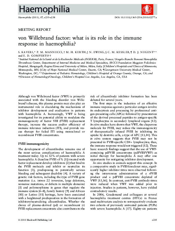 (PDF) von Willebrand factor: what is its role in the immune response in ...