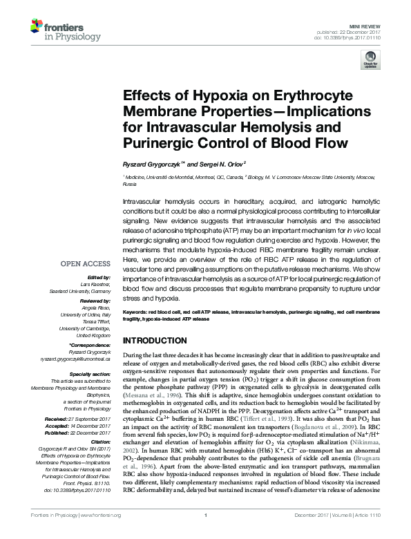 (PDF) Effects of Hypoxia on Erythrocyte Membrane Properties ...