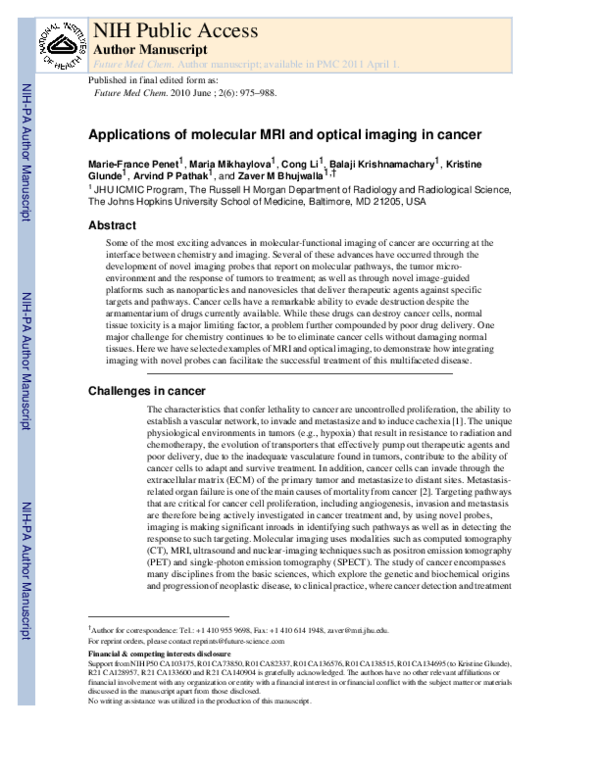 (PDF) Applications of molecular MRI and optical imaging in cancer