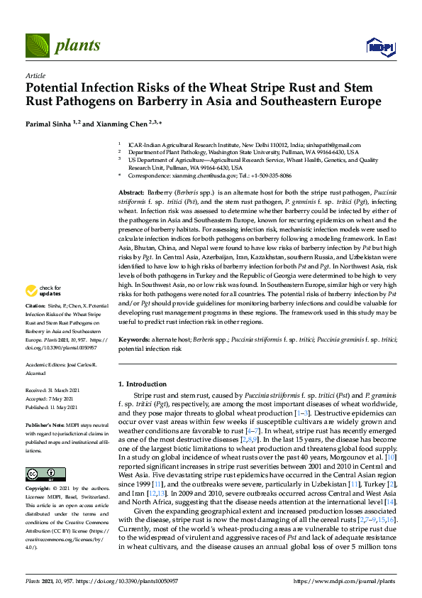 (PDF) Potential Infection Risks of the Wheat Stripe Rust and Stem Rust ...