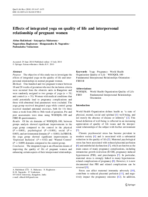(PDF) Effects of integrated yoga on quality of life and interpersonal ...