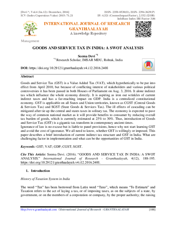 (PDF) Goods and Service Tax in India: A Swot Analysis