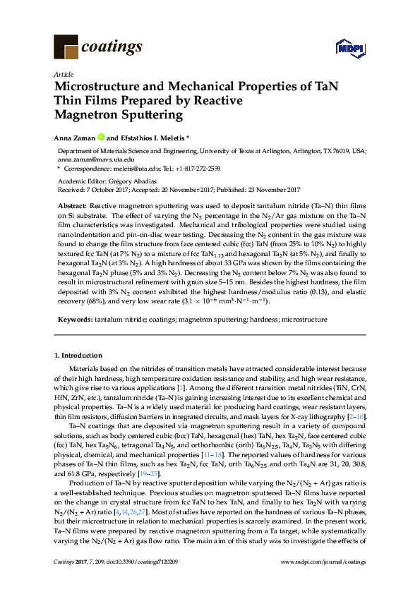 (PDF) Microstructure and Mechanical Properties of TaN Thin Films ...