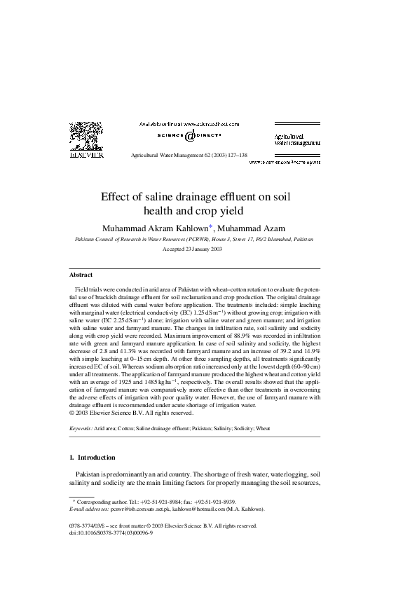 (PDF) Effect of saline drainage effluent on soil health and crop yield
