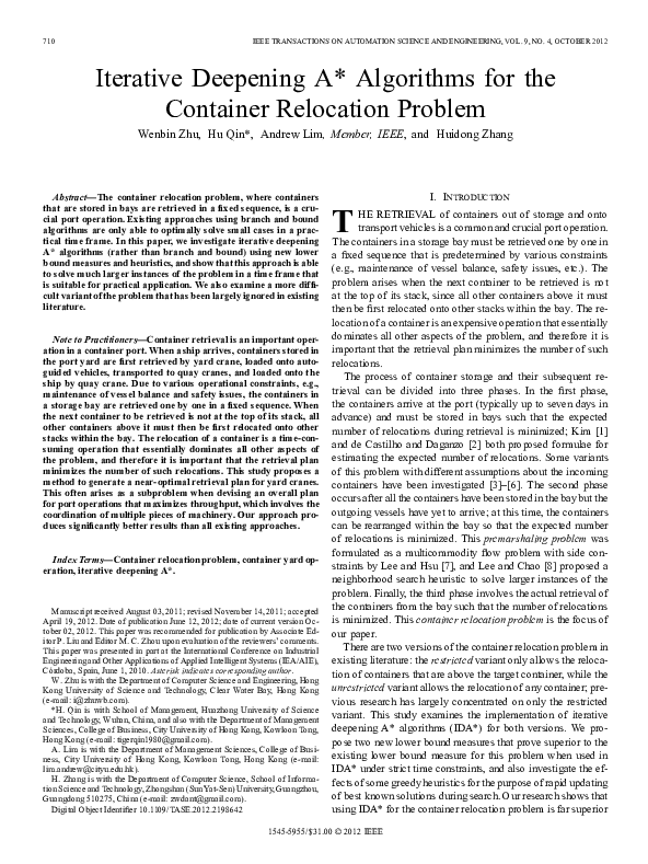 (PDF) Iterative deepening A* algorithms for the container relocation ...