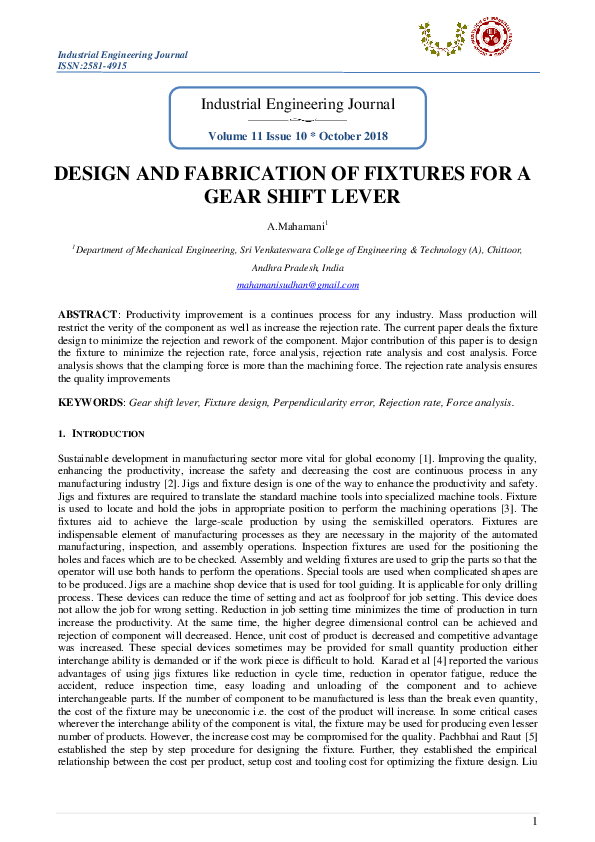 (PDF) Design and Fabrication of Fixtures for a Gear Shift Lever