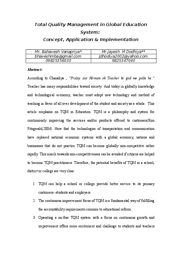(DOC) Total Quality Management in Global Education System: Concept ...