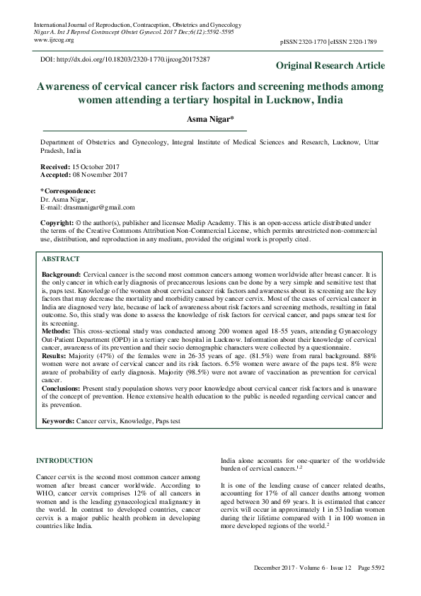 (PDF) Awareness of cervical cancer risk factors and screening methods ...