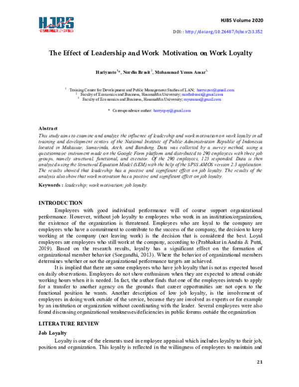 (PDF) The Effect of Leadership and Work Motivation on Work Loyalty