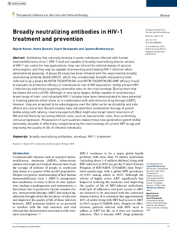 (PDF) Broadly neutralizing antibodies in HIV-1 treatment and prevention