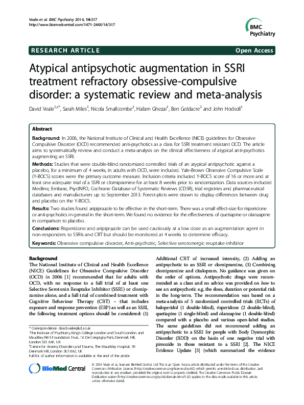 (PDF) Atypical antipsychotic augmentation in SSRI treatment refractory ...