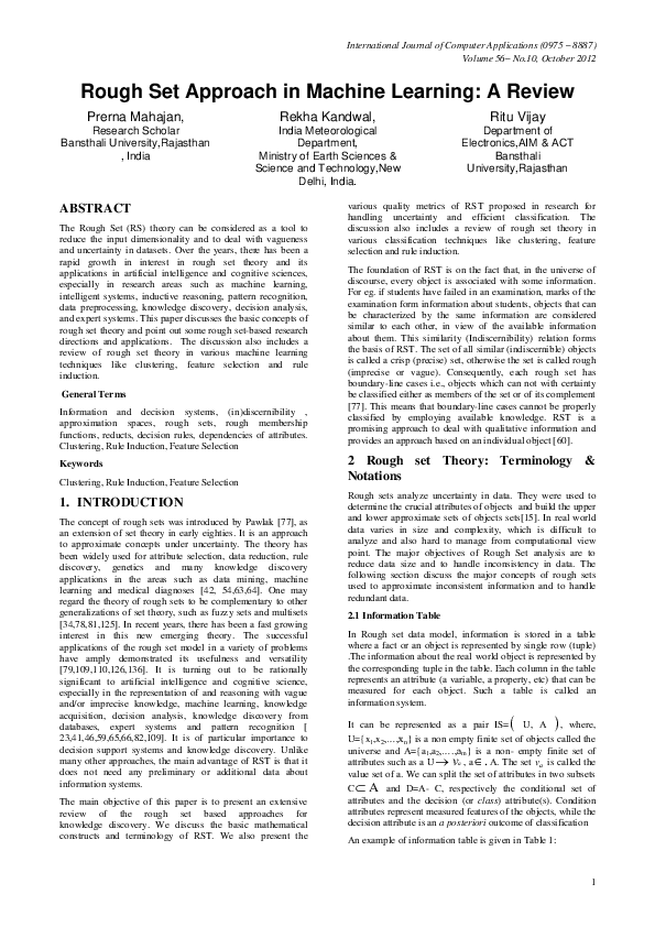 (PDF) Rough Set Approach in Machine Learning: A Review